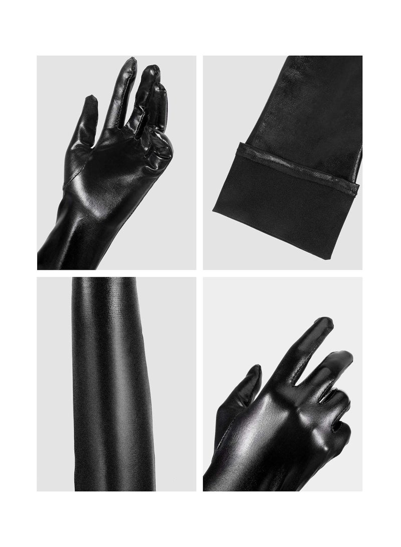 SYOSI Tight Stocking Long Arm Sleeves, Patent Leather Women Costume Kit Show Dance Wedding Prom Long Gloves Thigh Knee Socks (Black, 35" Socks + 21" Sleeves) - Image 2