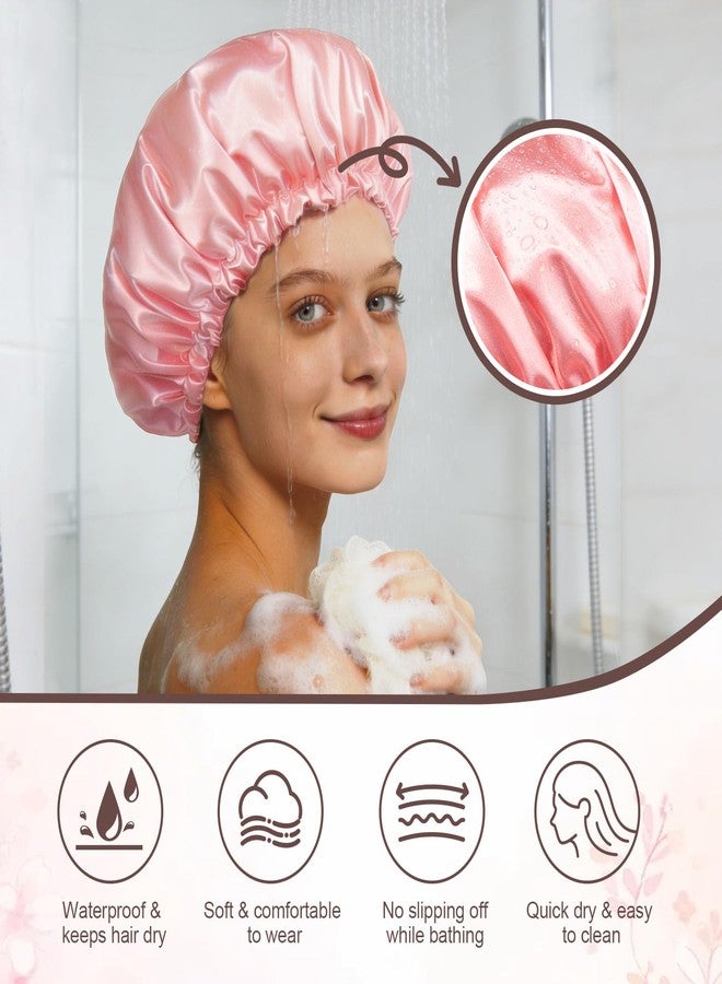 Confvrter Reusable Double Layer Satin Lined Shower Cap, Waterproof Bath Cap with Soft Satin Interior for Frizz Control, Elastic Band for Most Head Sizes, Ideal for Curly & Braided Hair, Peach Pink - Image 3