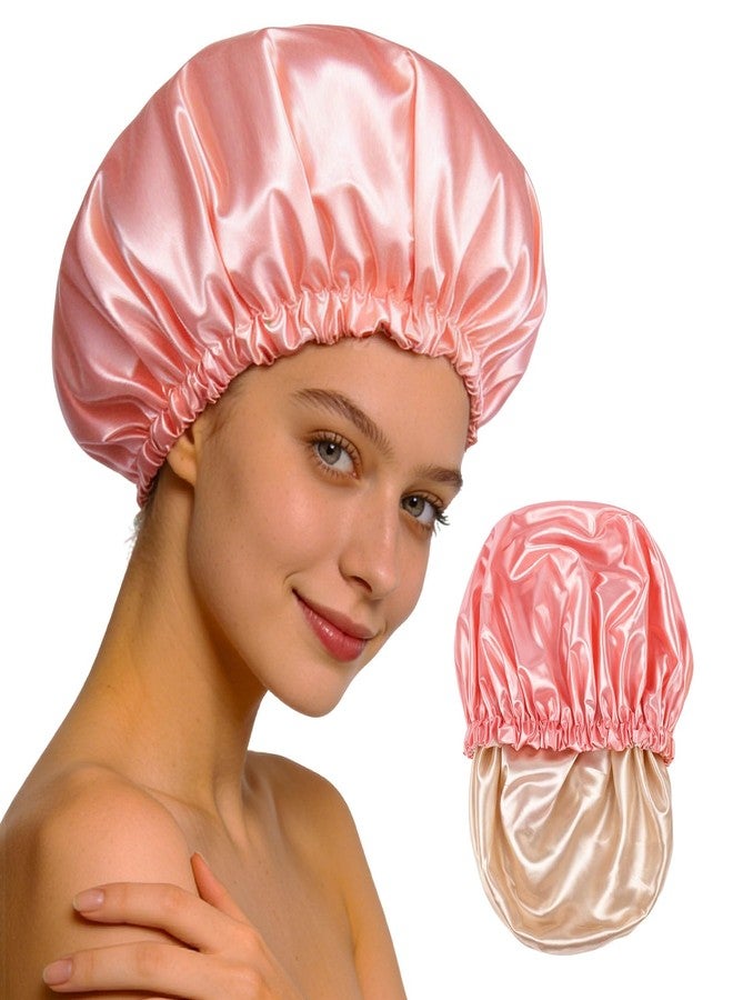 Confvrter Reusable Double Layer Satin Lined Shower Cap, Waterproof Bath Cap with Soft Satin Interior for Frizz Control, Elastic Band for Most Head Sizes, Ideal for Curly & Braided Hair, Peach Pink - Image 1
