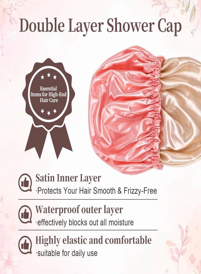 Confvrter Reusable Double Layer Satin Lined Shower Cap, Waterproof Bath Cap with Soft Satin Interior for Frizz Control, Elastic Band for Most Head Sizes, Ideal for Curly & Braided Hair, Peach Pink - Image 2