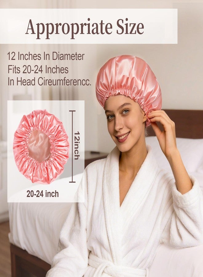 Confvrter Reusable Double Layer Satin Lined Shower Cap, Waterproof Bath Cap with Soft Satin Interior for Frizz Control, Elastic Band for Most Head Sizes, Ideal for Curly & Braided Hair, Peach Pink - Image 4