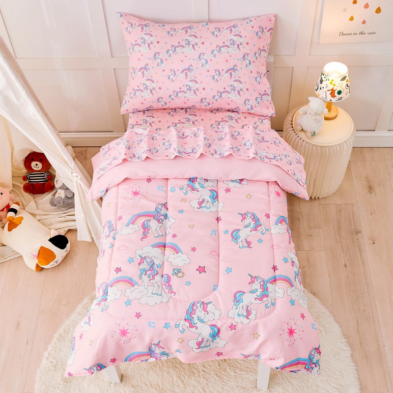 lasoftan طقم سرير لاسوفتان يونيكورن وردي للأطفال 4 قطع في حقيبة سرير طقم لحاف للأطفال ناعم ومريح للغاية من الألياف الدقيقة