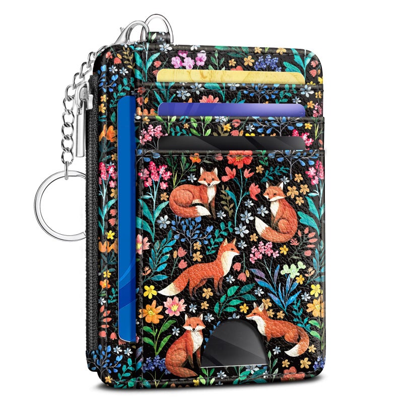Kelvoris Cute Fox Flowers Credit Card Holder Small Wallet Women, Slim RFID Blocking Wallet Woman Keychain with Zipper Coin Pocket, Front Pocket Thin Travel Card Case Organizer ID Window Ladies Gifts - Image 1