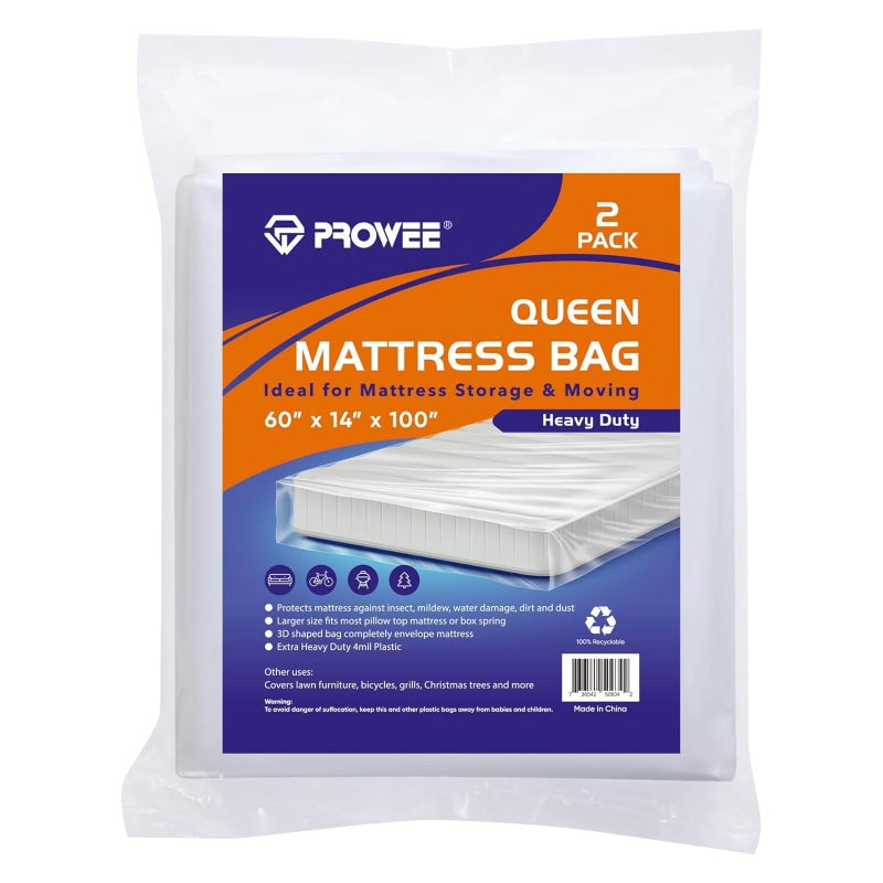 PROWEE PROWEE 2 PK 4Mil Heavy Duty Queen Mattress Bags for MovingClear Plastic Mattress Bags for Storage Queen Mattress Cover for Moving 