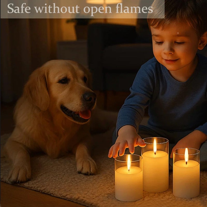 Bispy LED Flameless Candles with Flickering Flame, Battery Operated Real Wax Pillar Candles in Glass Holders, Warm Light Yellow Glow, Safe & Elegant Home, Bedroom, Party, and Wedding Décor (Set of 3) - Image 4