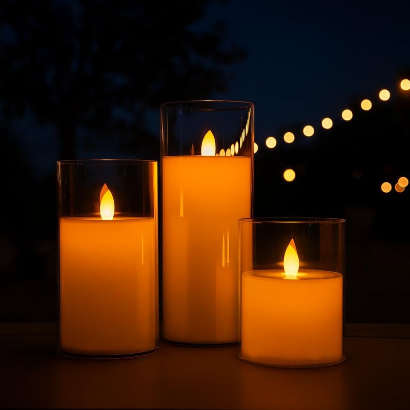 Bispy LED Flameless Candles with Flickering Flame, Battery Operated Real Wax Pillar Candles in Glass Holders, Warm Light Yellow Glow, Safe & Elegant Home, Bedroom, Party, and Wedding Décor (Set of 3) - Image 1