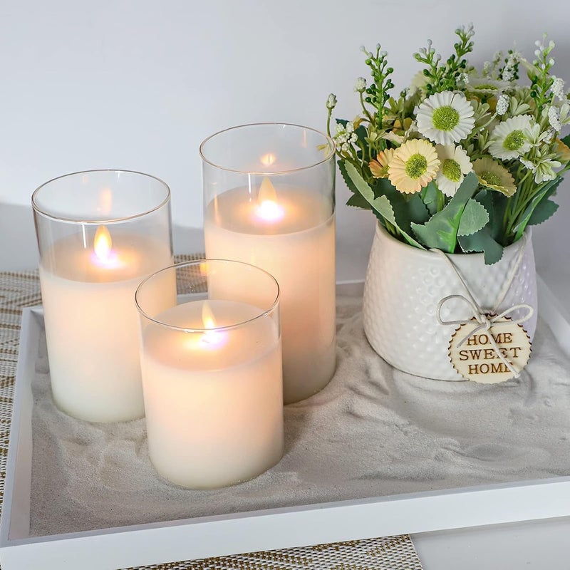 Bispy LED Flameless Candles with Flickering Flame, Battery Operated Real Wax Pillar Candles in Glass Holders, Warm Light Yellow Glow, Safe & Elegant Home, Bedroom, Party, and Wedding Décor (Set of 3) - Image 2