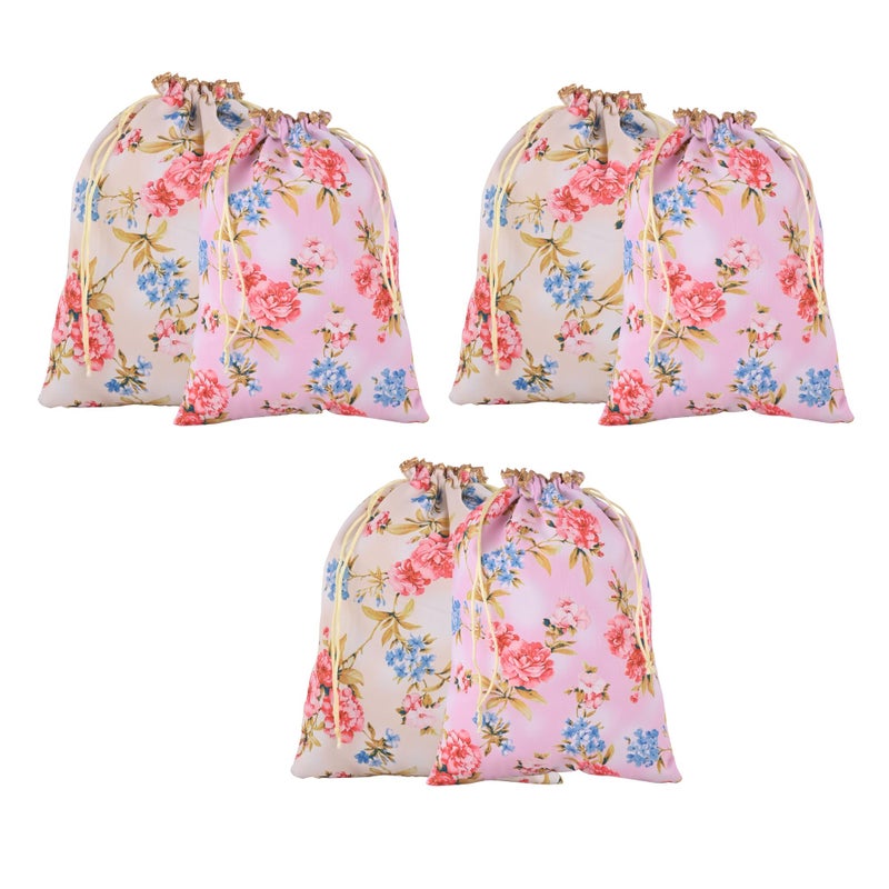Kuber Industries 6 Pcs Silk Drawstring 9x12 Inch Medium Potli Pouch | Goodie Bags for Return Gift | Shagun Potli for Gifting | Wedding & Baby Shower Goody Pouch | Digital Flower - Cream & Pink - Image 1