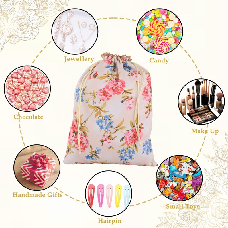 Kuber Industries 6 Pcs Silk Drawstring 9x12 Inch Medium Potli Pouch | Goodie Bags for Return Gift | Shagun Potli for Gifting | Wedding & Baby Shower Goody Pouch | Digital Flower - Cream & Pink - Image 5