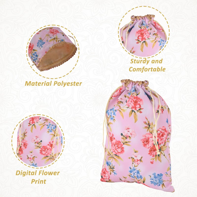Kuber Industries 6 Pcs Silk Drawstring 9x12 Inch Medium Potli Pouch | Goodie Bags for Return Gift | Shagun Potli for Gifting | Wedding & Baby Shower Goody Pouch | Digital Flower - Cream & Pink - Image 4