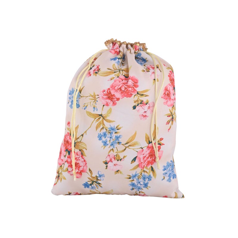 Kuber Industries 6 Pcs Silk Drawstring 9x12 Inch Medium Potli Pouch | Goodie Bags for Return Gift | Shagun Potli for Gifting | Wedding & Baby Shower Goody Pouch | Digital Flower - Cream & Pink - Image 2