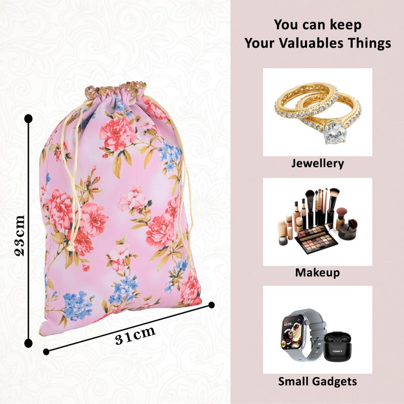 Kuber Industries 6 Pcs Silk Drawstring 9x12 Inch Medium Potli Pouch | Goodie Bags for Return Gift | Shagun Potli for Gifting | Wedding & Baby Shower Goody Pouch | Digital Flower - Cream & Pink - Image 3