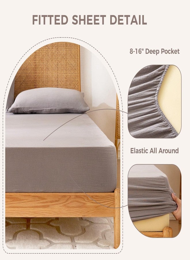 LUTBM King Sheet Set Cotton Bed Sheets Gauze 4 Pcs Grey King Sheets Set 16" Deep Pocket Sheet & Pillowcase Sets Boho Muslin King Sheets Soft King Bedding Sets for All Season - Image 3