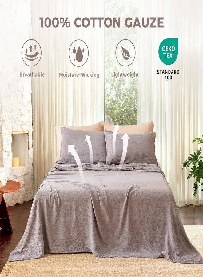 LUTBM King Sheet Set Cotton Bed Sheets Gauze 4 Pcs Grey King Sheets Set 16" Deep Pocket Sheet & Pillowcase Sets Boho Muslin King Sheets Soft King Bedding Sets for All Season - Image 2