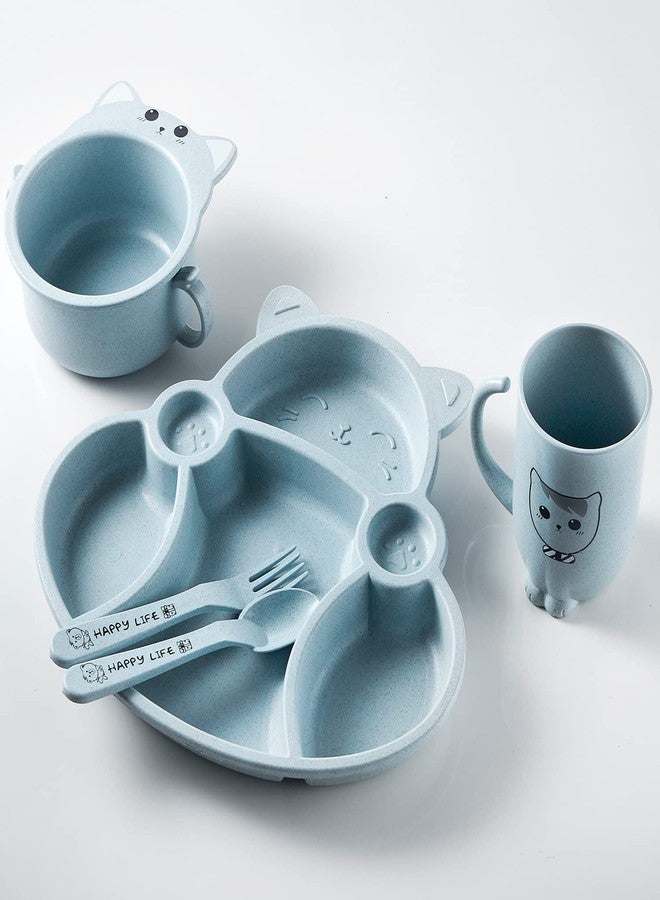 MEZON صينية عشاء مقسمة من قش القمح من ميزون، طقم عشاء غير قابل للكسر للأطفال، أطباق عشاء مع وعاء، كوب، شوكة، ملعقة، عيدان طعام، طقم أدوات مائدة، طقم عشاء للأطفال (أزرق) - Image 1