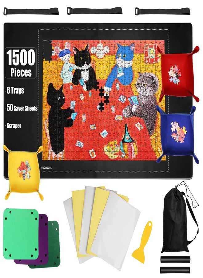 Bofoho Jigsaw Puzzle Mat Roll Up 46" x 26" for 1000 1500 Pieces, Portable Saver Pad with Non-Slip Rubber Bottom & Smooth Top, 6 Sorting Trays, Storage Bag, 50 Puzzle Saver Sheets & Scraper Tool - Image 1