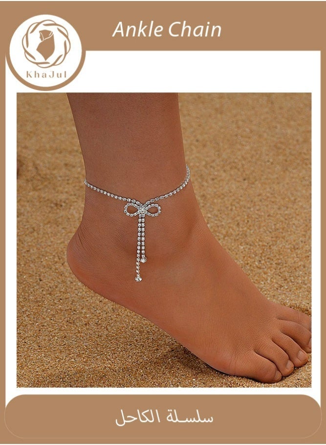 KHAJUL Women's Sparkling Rhinestone Bow Ankle Bracelet,  Elegant Foot Jewelry for Daily Wear - Image 1