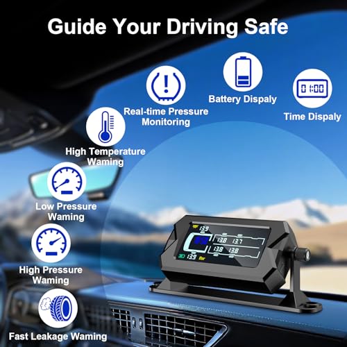 LETOURWM Tire Pressure Monitoring System for RV Truck Trailer, 6 Sensors TPMS, 0-15 Bar/217 PSI, 3-Level Bright LCD with Time Display, Type-C & Solar Charging, 7 Smart Alerts for RV/Trailer/Truck IP68 - Image 3