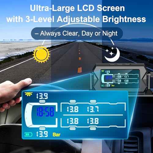 LETOURWM Tire Pressure Monitoring System for RV Truck Trailer, 6 Sensors TPMS, 0-15 Bar/217 PSI, 3-Level Bright LCD with Time Display, Type-C & Solar Charging, 7 Smart Alerts for RV/Trailer/Truck IP68 - Image 5