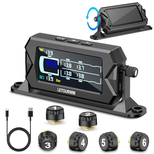 LETOURWM Tire Pressure Monitoring System for RV Truck Trailer, 6 Sensors TPMS, 0-15 Bar/217 PSI, 3-Level Bright LCD with Time Display, Type-C & Solar Charging, 7 Smart Alerts for RV/Trailer/Truck IP68 - Image 4