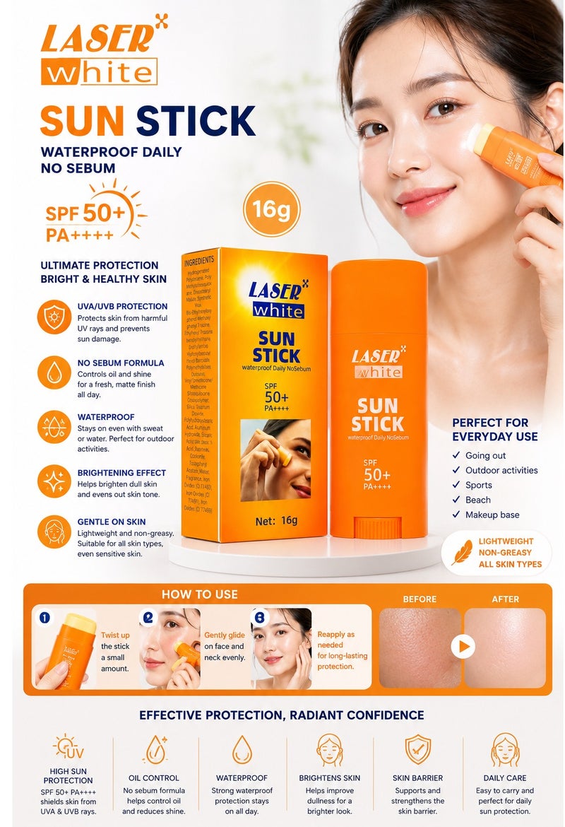 Laser White Sun Stick SPF 50+ PA++++ Waterproof Daily Nosebum Sunscreen, 16g - Image 2