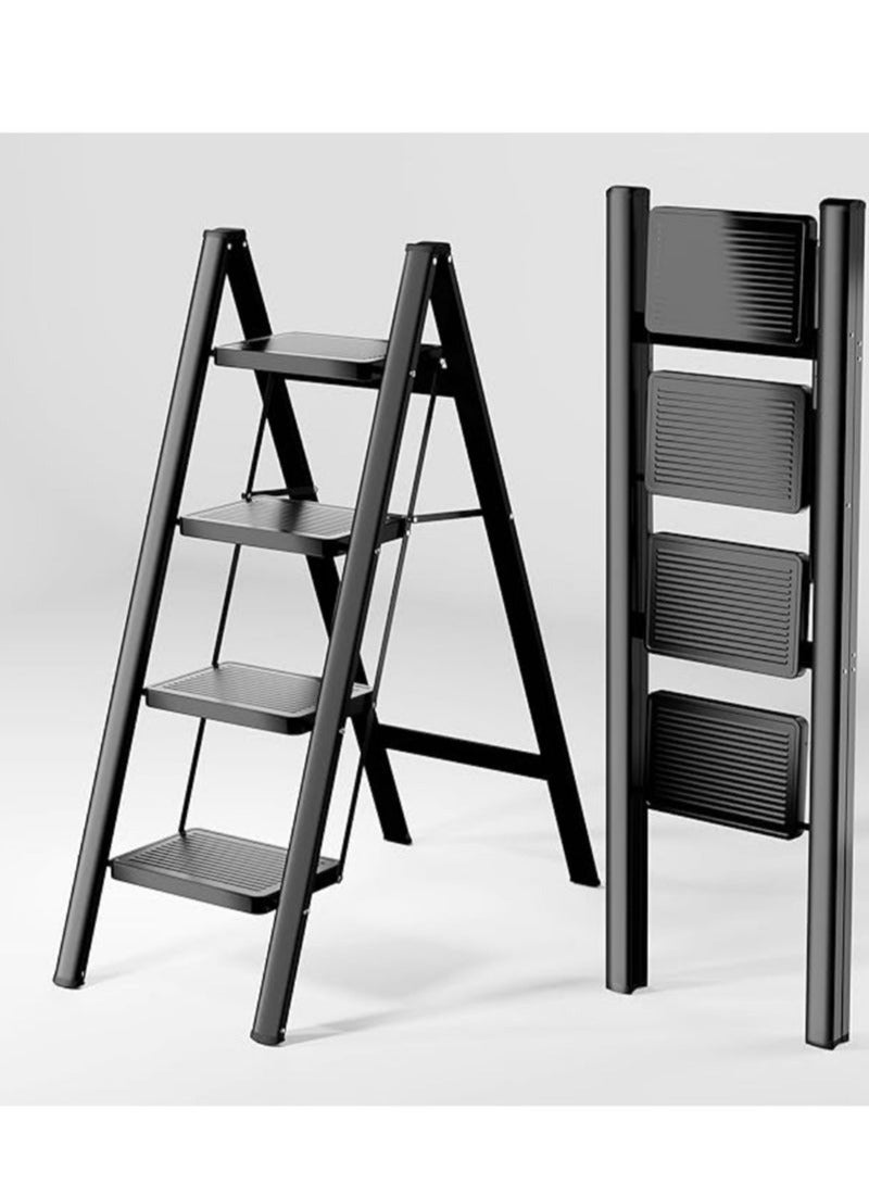 4-Step Folding Ladder Heavy Duty Metal 150kg Capacity Sturdy Multi-Purpose Step Stool for Adults Kitchen Ladder for Home and Cabinet Black - Image 1