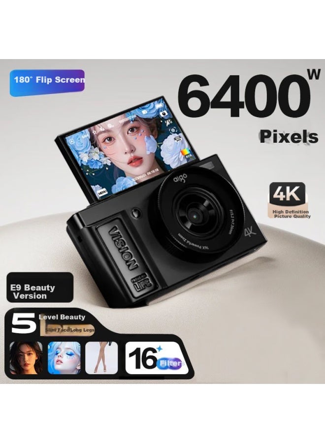 Aigo Patriot D9/e9 Beauty Selfie Version Flip Screen Selfie Student Digital Camera Birthday Gift For Girls Entry-level Micro Single Campus Hd Travel Flat Ccd Black 32gb