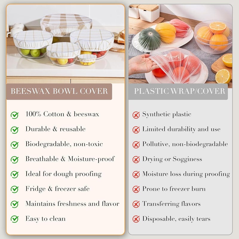 Tirphy 5-Size Reusable Bowl Covers for Bread Proofing - Beeswax Bowl Covers Reusable 4/6/8/10/12 Inch - Elastic Cotton Cloth Sourdough Cover - Shower Caps for Sourdough Bread (Simple style) - Image 4