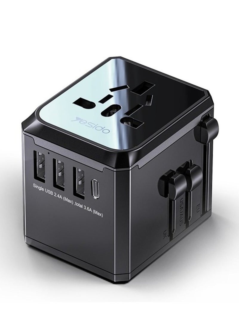 Yesido Yesido MC-10 3 USB + Type-C Ports Multi-function Universal Travel Adapter Plug (Black)  - Image 1