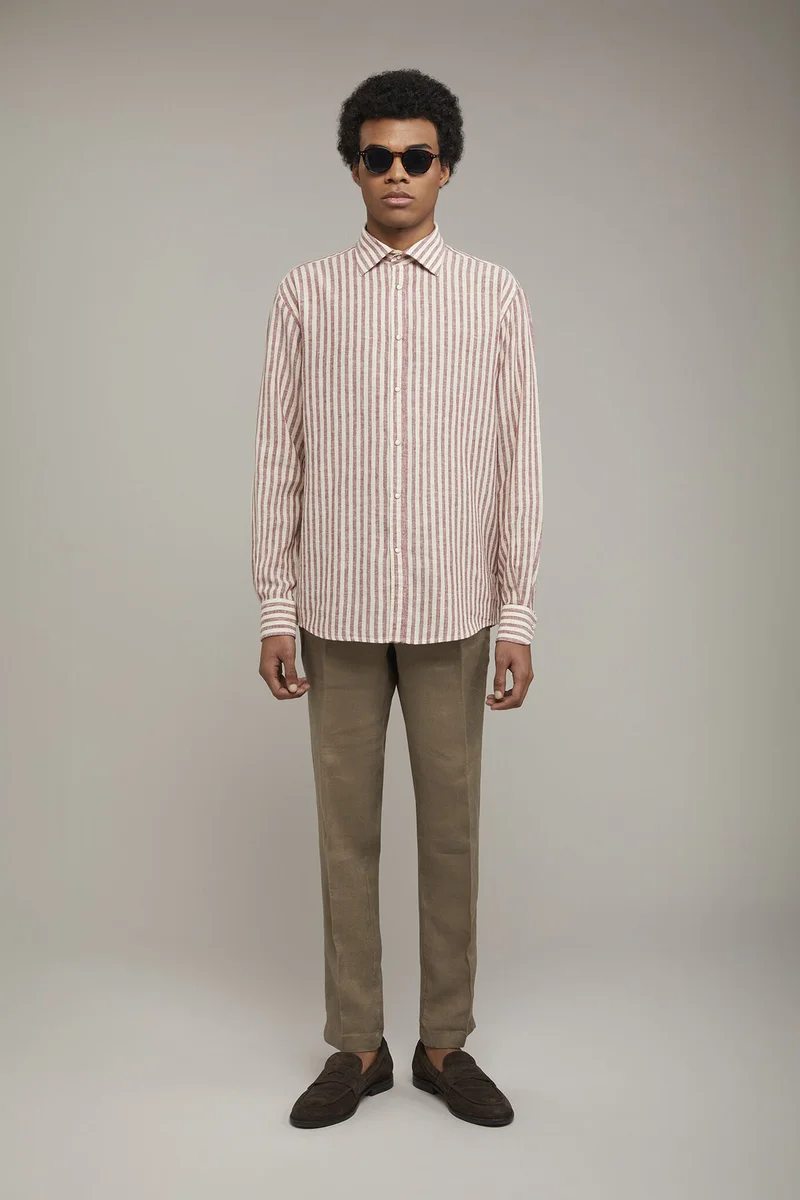 Men's classic collar shirt in linen and striped cotton comfort fit - Wine