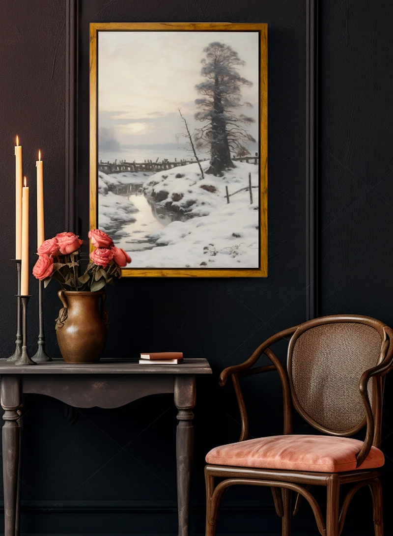 LOWHA Canvas Wall Art Stretched Over Wooden Frame with Wooden Color Floating Frame and Vintage Style Winter Scene by the Sea Painting