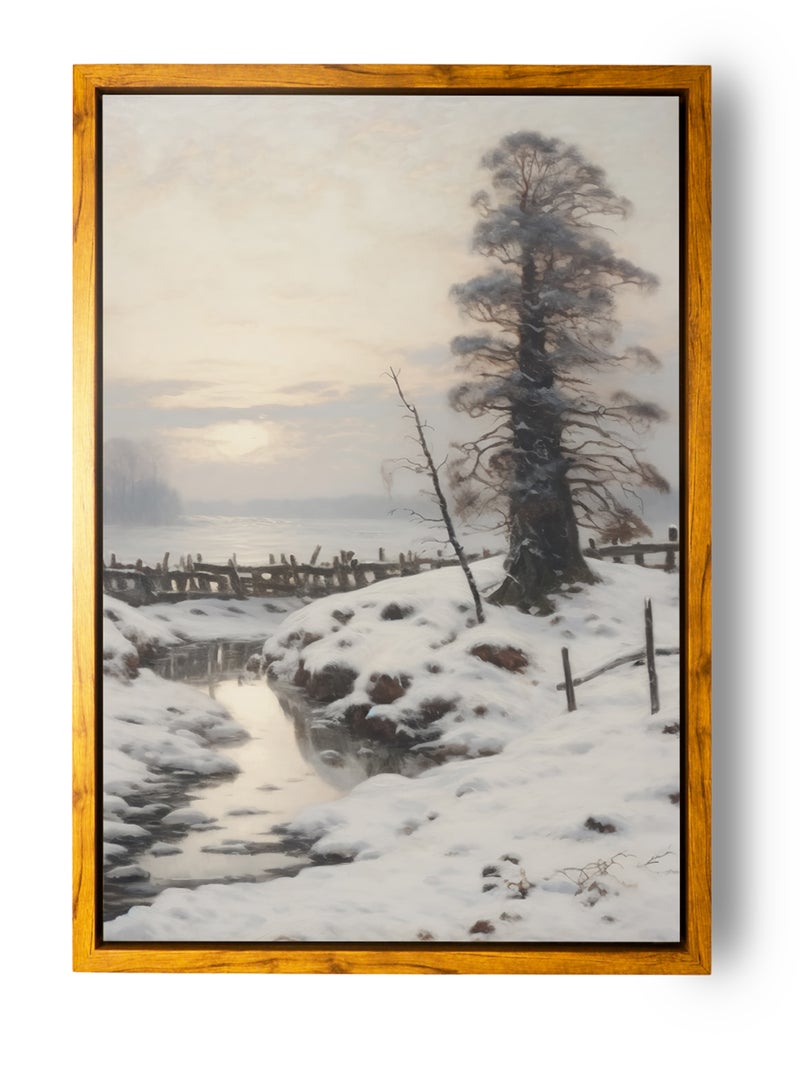 LOWHA Canvas Wall Art Stretched Over Wooden Frame with Wooden Color Floating Frame and Vintage Style Winter Scene by the Sea Painting - Image 5
