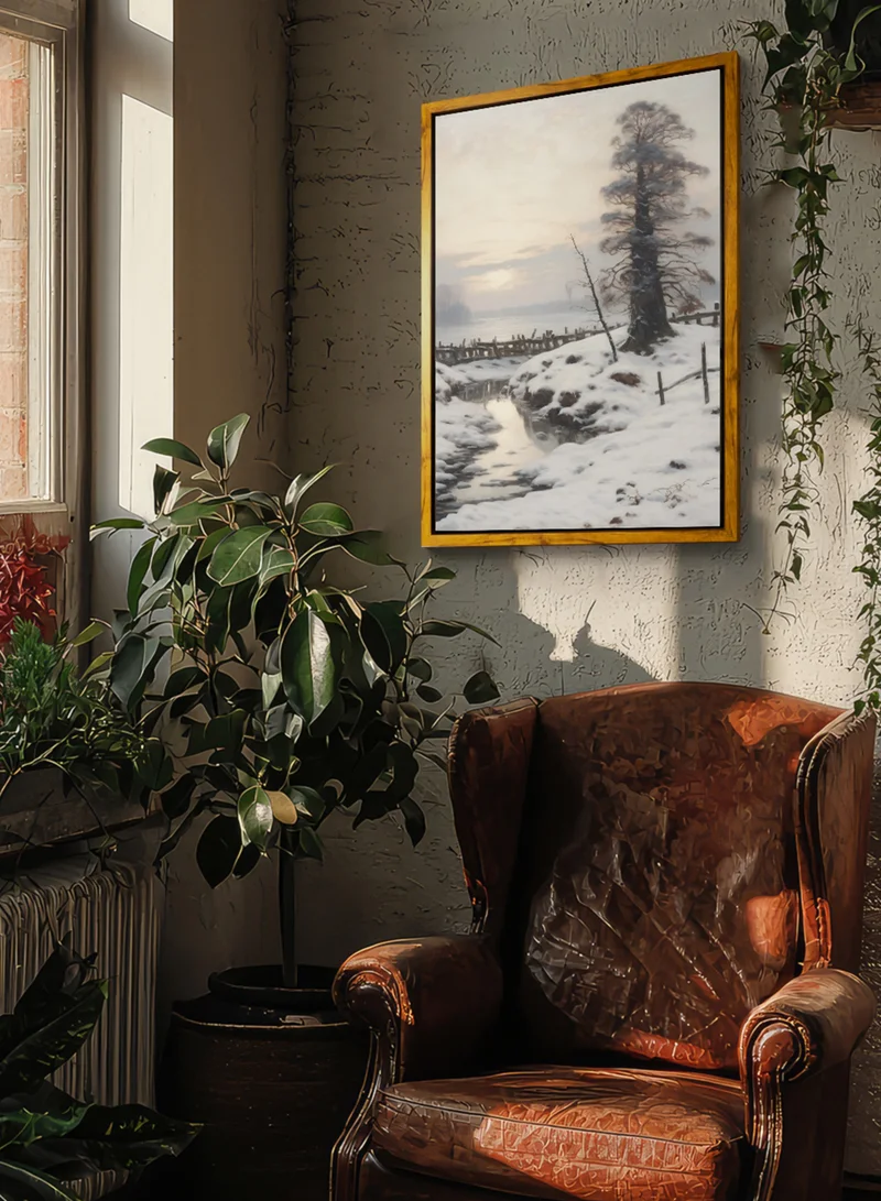 LOWHA Canvas Wall Art Stretched Over Wooden Frame with Wooden Color Floating Frame and Vintage Style Winter Scene by the Sea Painting