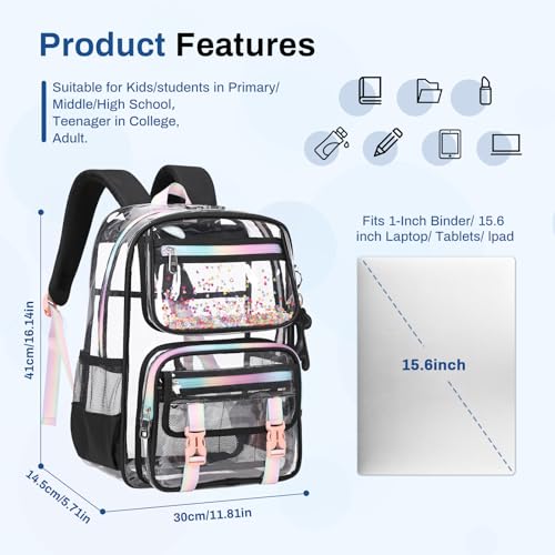 Sisipoet Clear Backpack for School PVC Clear Bookbag Heavy Duty Transparent Backpack for Stadium Events Multiple Pockets See Through Bag for Teens Students Women with Leather Pendant Black Sequin - Image 3