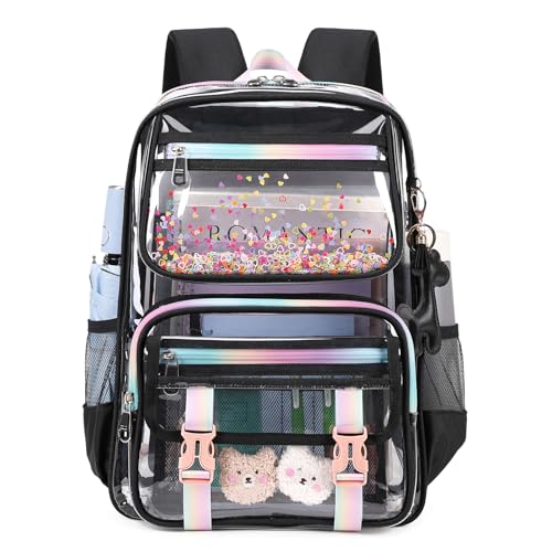 Sisipoet Clear Backpack for School PVC Clear Bookbag Heavy Duty Transparent Backpack for Stadium Events Multiple Pockets See Through Bag for Teens Students Women with Leather Pendant Black Sequin - Image 1