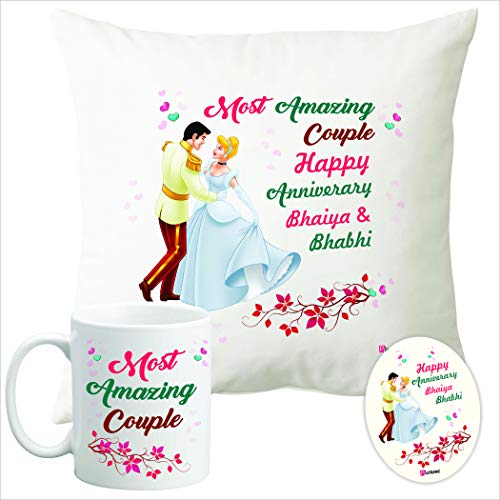 PICRAZEE Most Amazing Couple Gift Combo for Bhaiya and Bhabhi | Happy Anniversary Cushion, Mug and Coaster Set | Romantic Gift for Brother and Sister-in-Law | Home Décor Gift for Couple - Image 1