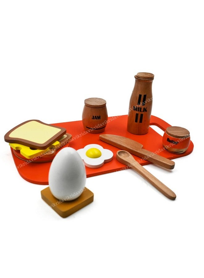 VikriDA Wooden Play Food for Toddlers - 16 Pieces Breakfast Pretend Toy Food for Play Kitchen Accessories - Orange Color - Image 4