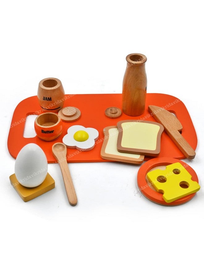 VikriDA Wooden Play Food for Toddlers - 16 Pieces Breakfast Pretend Toy Food for Play Kitchen Accessories - Orange Color - Image 1