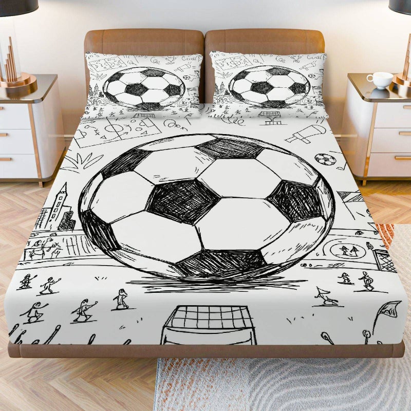 3pcs Multi Color Soccer Football Sketch Art Fitted Sheet Set With Pillowcases Soft Breathable Mattress Protector Luxury Bedding For Twin Sized Bed - Image 5