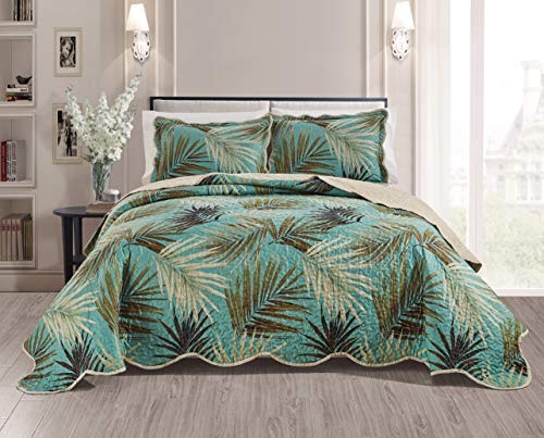 Masterplay 3-Piece Fine Printed Tropical Palm Leaves Oversize (100" X 95") Quilt Set, Bedspread Coverlet Queen Size Bed Cover (Sage, Aqua, Brown, Khaki) - Image 1