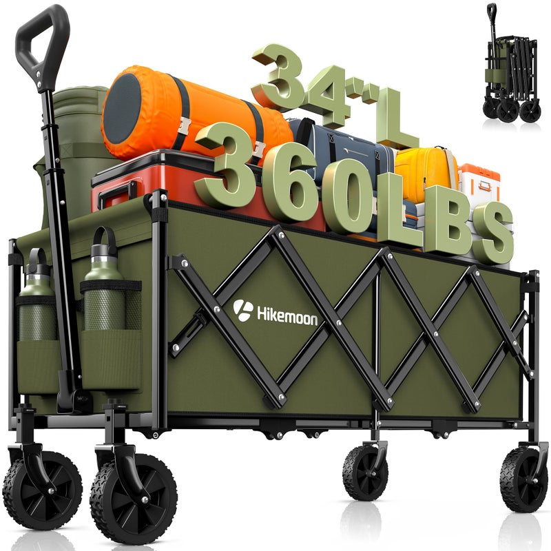 Hikemoon 34'' Extra Long Collapsible Wagons Carts Foldable, 360LBS Heavy Duty Folding Beach Wagon with Wheels, Portable Utility Outdoor Cart for Grocery, Garden, Sports, Camping, Green - Image 1