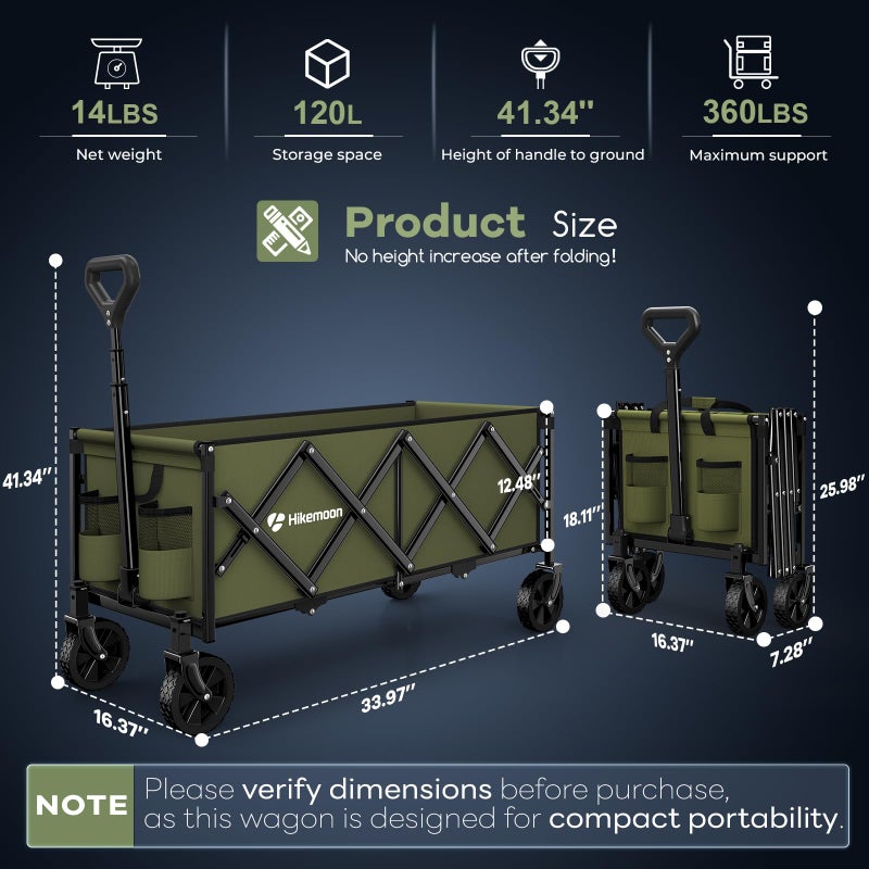 Hikemoon 34'' Extra Long Collapsible Wagons Carts Foldable, 360LBS Heavy Duty Folding Beach Wagon with Wheels, Portable Utility Outdoor Cart for Grocery, Garden, Sports, Camping, Green - Image 4