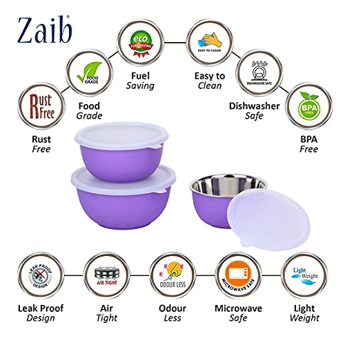 Zaib Microwave Safe Stainless Steel Mixing Bowl Set with Lids | 500ml, 750ml, 1250ml | Purple Euro Style Food Storage Containers for Kitchen | Pack of 3 (Plain Purple 3) - Image 2