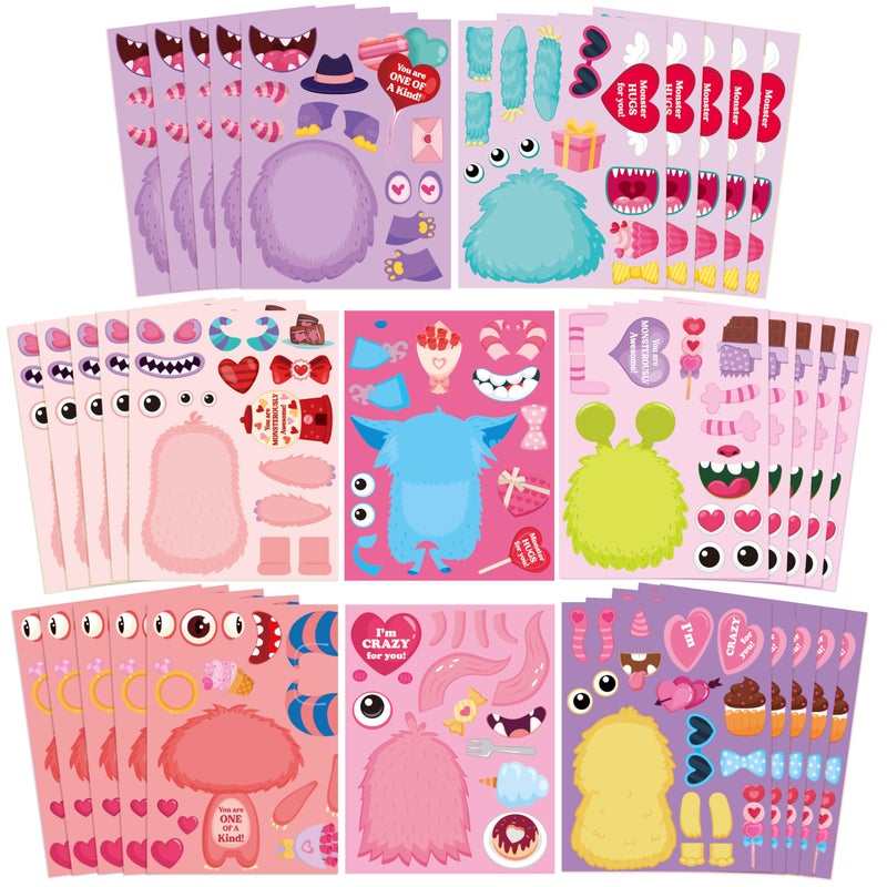 CY2SIDE Valentines Monster Face Stickers - 40PCS Pink Monster Make a Face Sticker Sheet for Kid, DIY Love Heart Monsters Sticker Game with Fun Words Valentineâ€™s Day Party Favor for School Home Project - Image 1