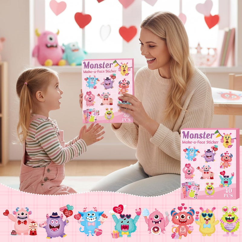 CY2SIDE Valentines Monster Face Stickers - 40PCS Pink Monster Make a Face Sticker Sheet for Kid, DIY Love Heart Monsters Sticker Game with Fun Words Valentineâ€™s Day Party Favor for School Home Project - Image 5