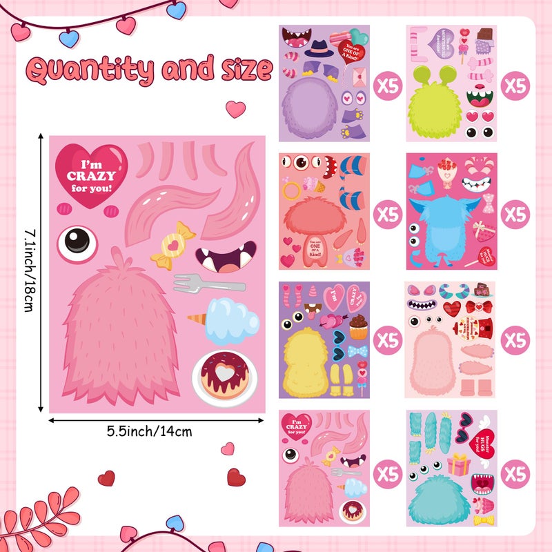 CY2SIDE Valentines Monster Face Stickers - 40PCS Pink Monster Make a Face Sticker Sheet for Kid, DIY Love Heart Monsters Sticker Game with Fun Words Valentineâ€™s Day Party Favor for School Home Project - Image 2