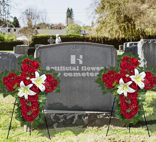 HENOMO Cemetery Flower for Grave Decorations, Memorial Floral Cross with Easel Stand,Headstone Wreath-Red Rose Hibiscus/White Lily-28 Inch - Image 2