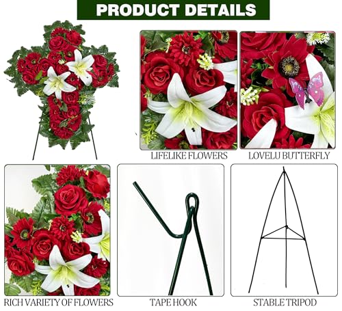 HENOMO Cemetery Flower for Grave Decorations, Memorial Floral Cross with Easel Stand,Headstone Wreath-Red Rose Hibiscus/White Lily-28 Inch - Image 3