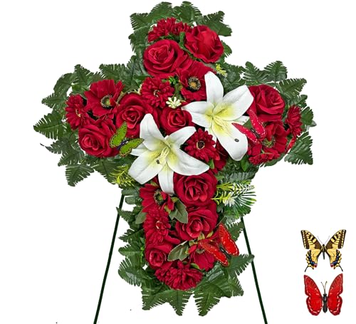 HENOMO Cemetery Flower for Grave Decorations, Memorial Floral Cross with Easel Stand,Headstone Wreath-Red Rose Hibiscus/White Lily-28 Inch - Image 1
