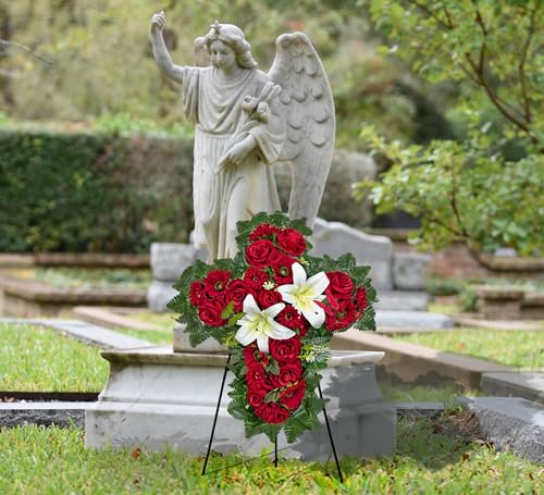 HENOMO Cemetery Flower for Grave Decorations, Memorial Floral Cross with Easel Stand,Headstone Wreath-Red Rose Hibiscus/White Lily-28 Inch - Image 5